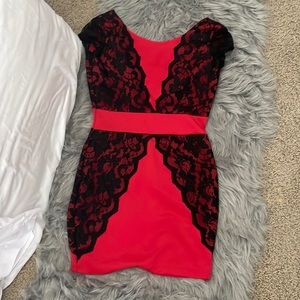 Red and black short dress woman